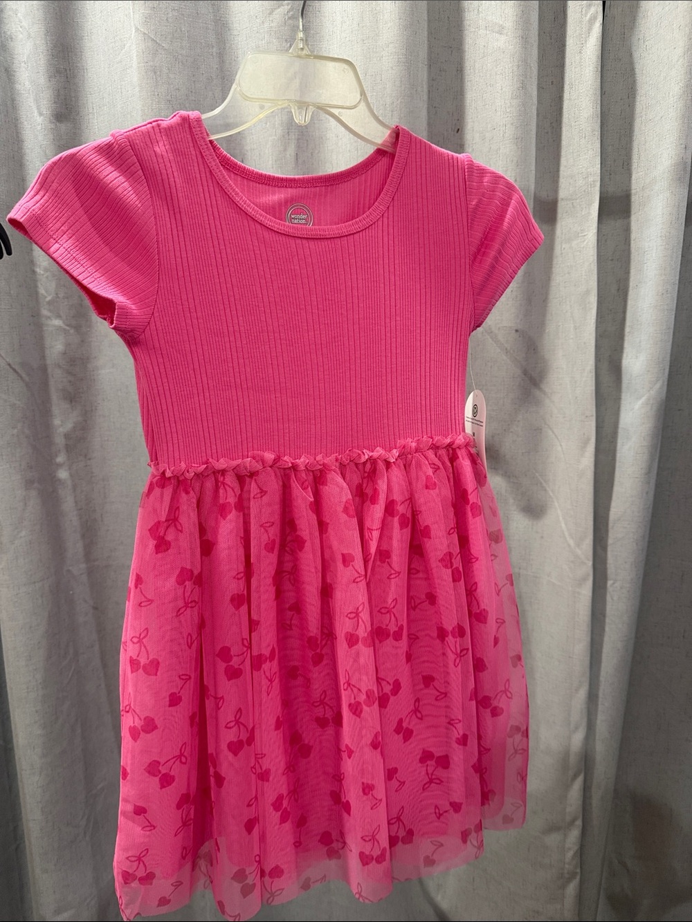 wonder nation Hot Pink Ribbed Bodice Tulle Dress with Cherry Print